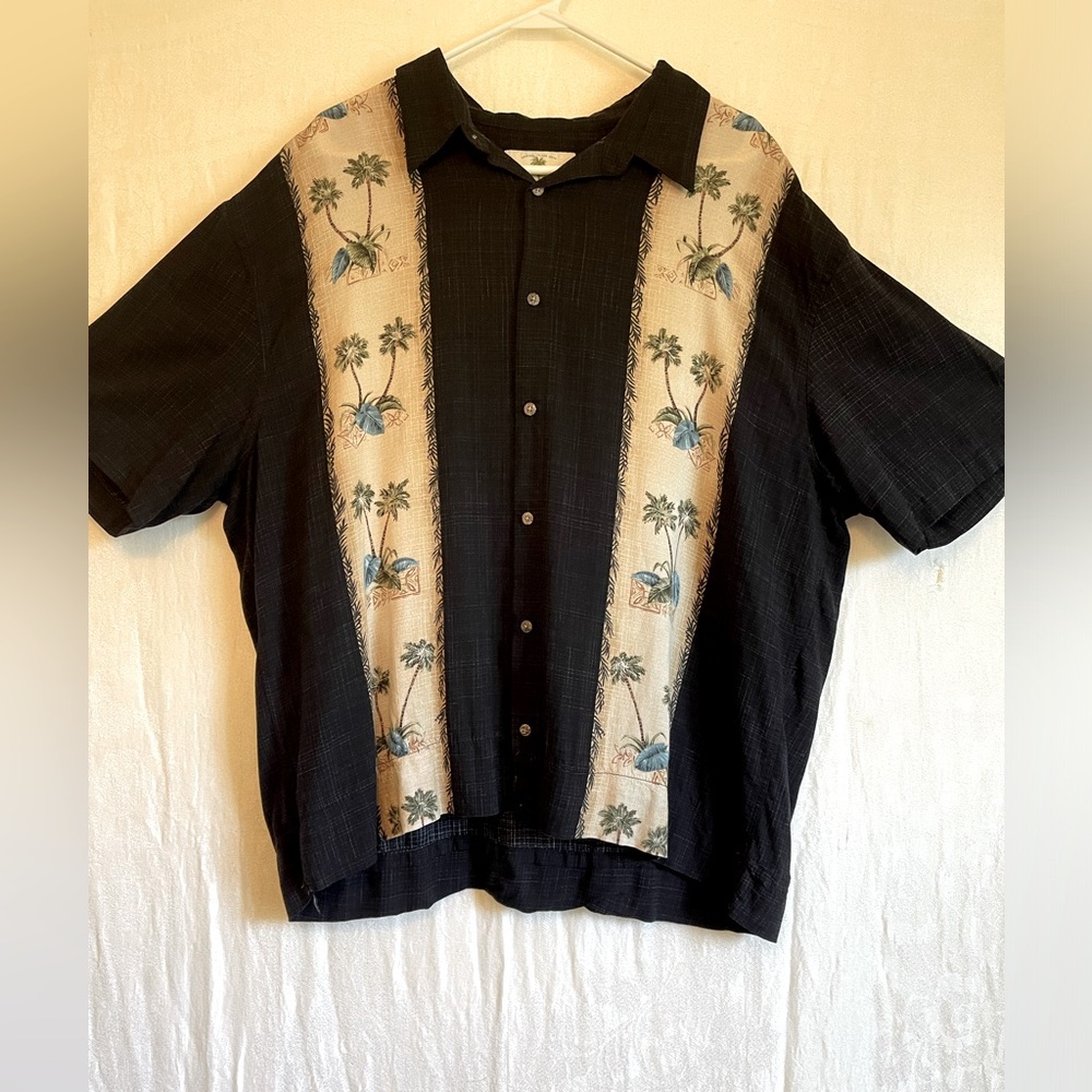 Island Shores sz 2X casual palm tree button up shirt/blk/tan/pinstrip